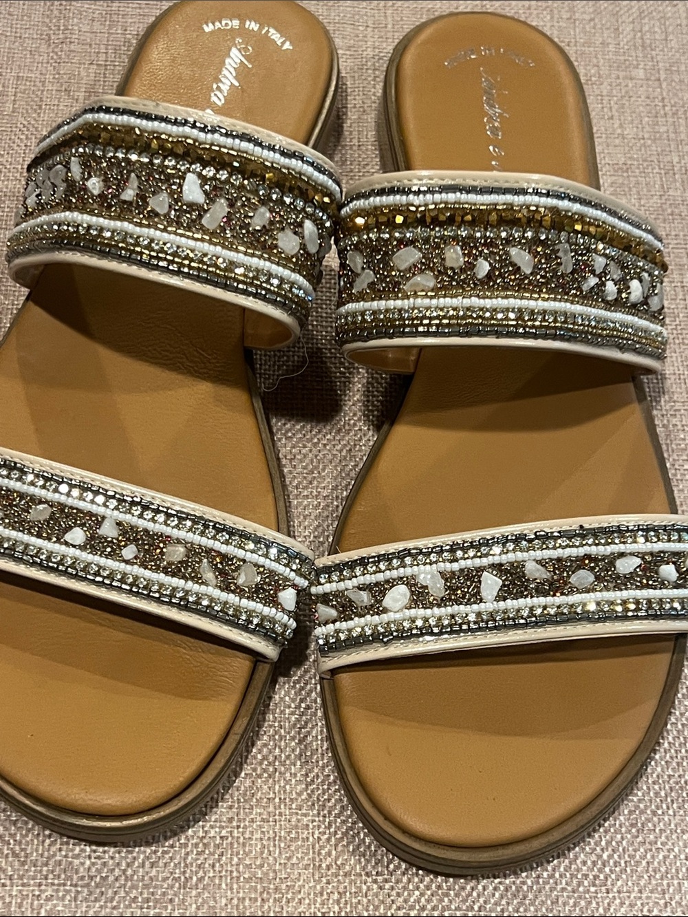 Tan Slide Sandals with White and Gold Beaded Straps